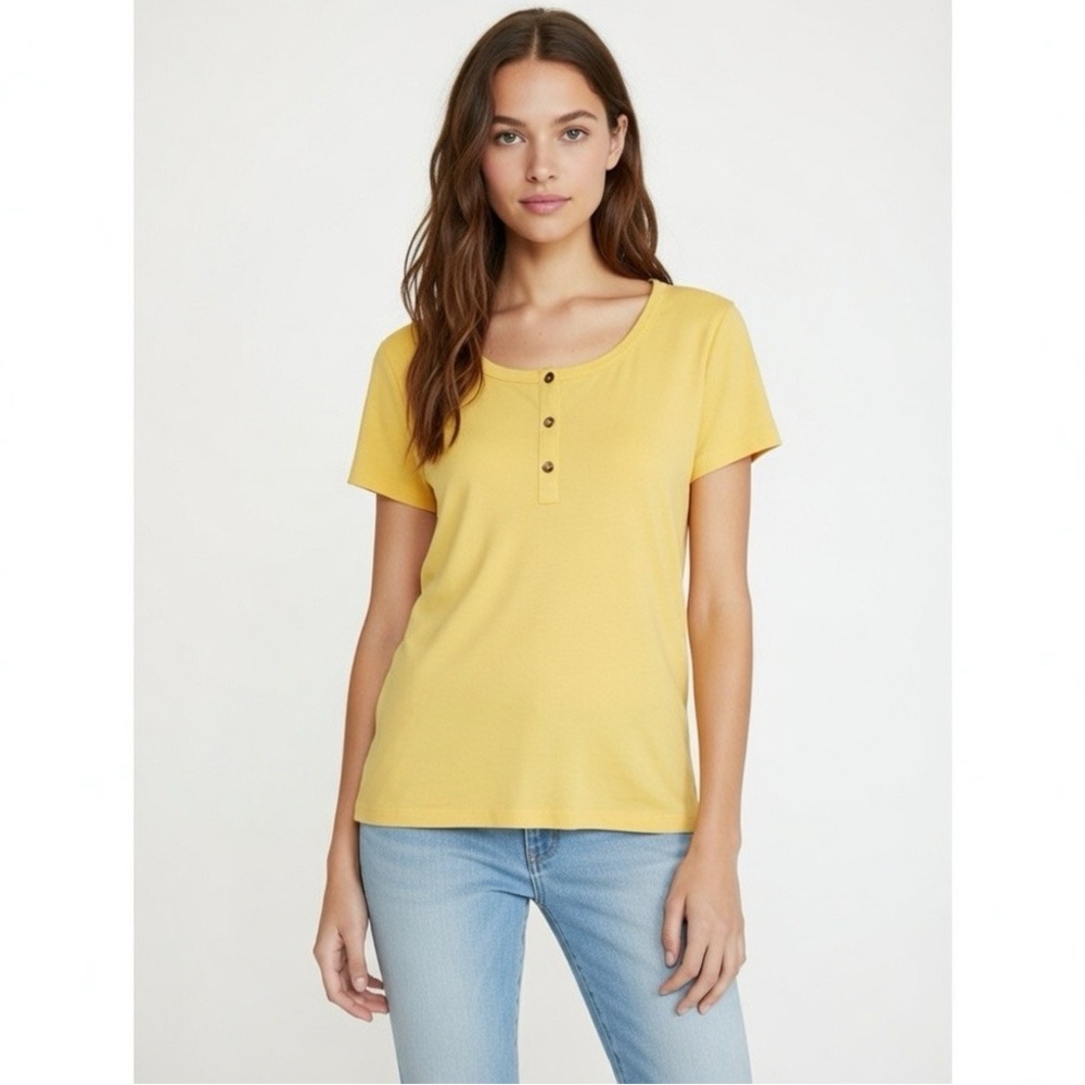Anne Klein Sport Shirt Women’s Size Small Yellow Henley Short Sleeve Top Cotton